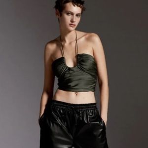 ZARA NEW WOMAN DRAPED SATIN HALTER TOP KHAKI 2143/261 Size S OLIVE GREEN